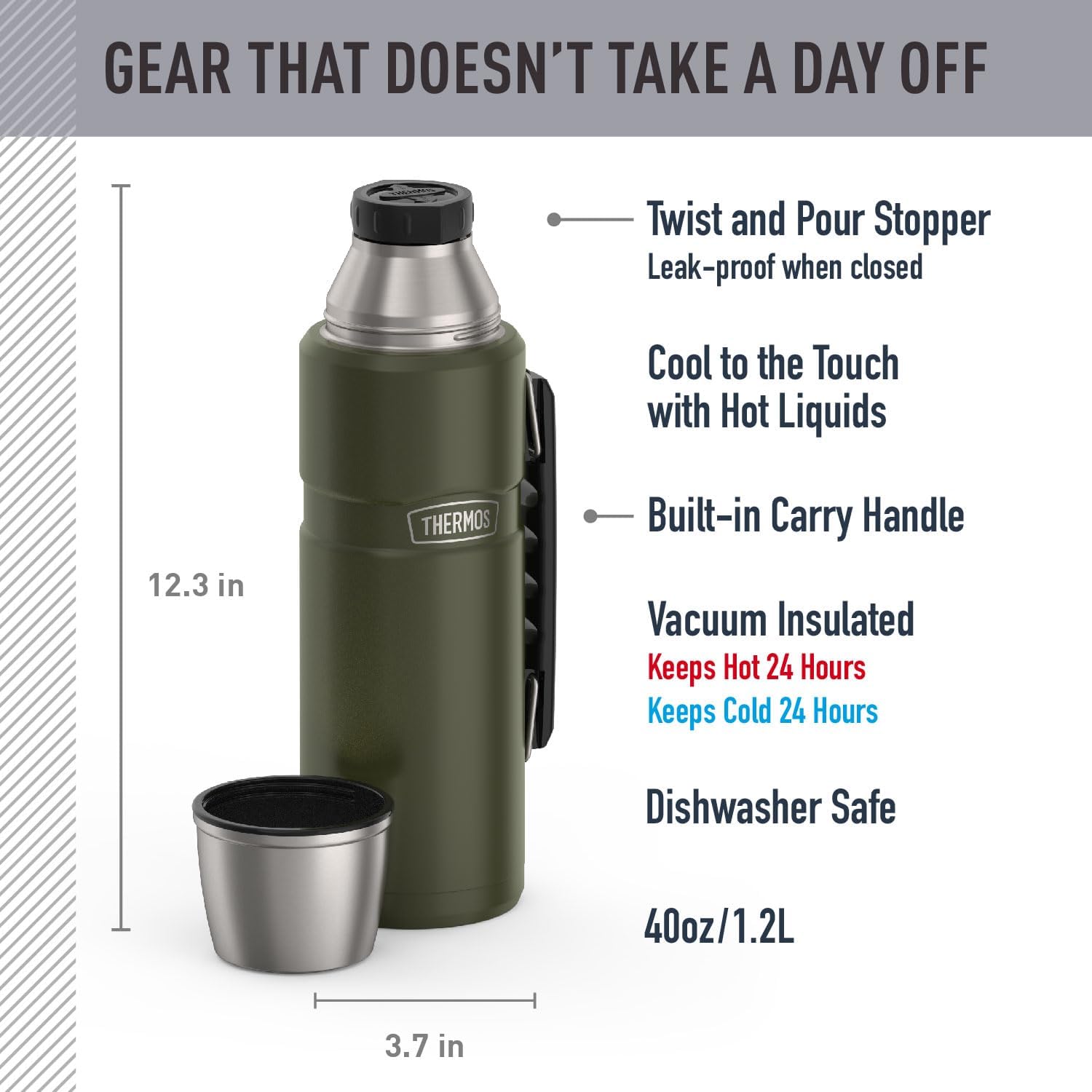 THERMOS Stainless King Vacuum-Insulated Beverage Bottle - 40 Ounce | Army Green Color