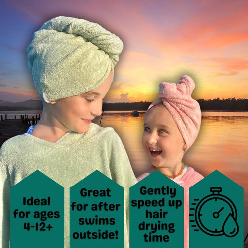 Kids Hair Towel Wrap | 100% Bamboo Viscose |Tailored Small | Essential Hair Drying Wrap for Bath, Beach, Pool and Spa | Hair Accessory for Girls | Set of 2 | Sea Moss Green + Coral Sand