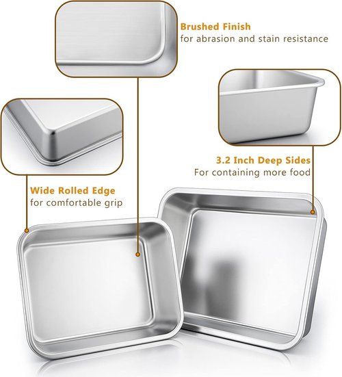 E-far Deep Lasagna Pan Set of 2 - Stainless Steel Roasting & Baking Pans | Non-Toxic, Dishwasher Safe, 12.75 x 10 & 10.6 x 8.3 Inches