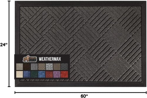 GORILLA GRIP Waterproof All-Season WeatherMAX Doormat - 60x24 Natural Rubber, Stain & Fade Resistant, Easy Clean, Gray Diamond