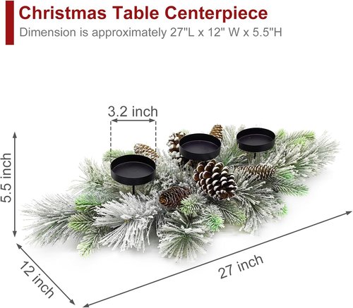 Handcrafted Christmas Centerpiece by [Brand Name] - Snowy Pine Cones & Needles with 3 Candle Holders | 27.5 in
