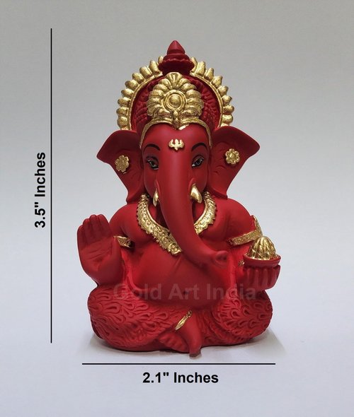 Gold Art India Mukut Ganesha Idol for Car Dashboard Maroon Red and Gold Small Ganesha Murti Ganpati Idol for Home Decor Puja Lord Ganesh Statue Gift for Office Desk Puja Room Figurine