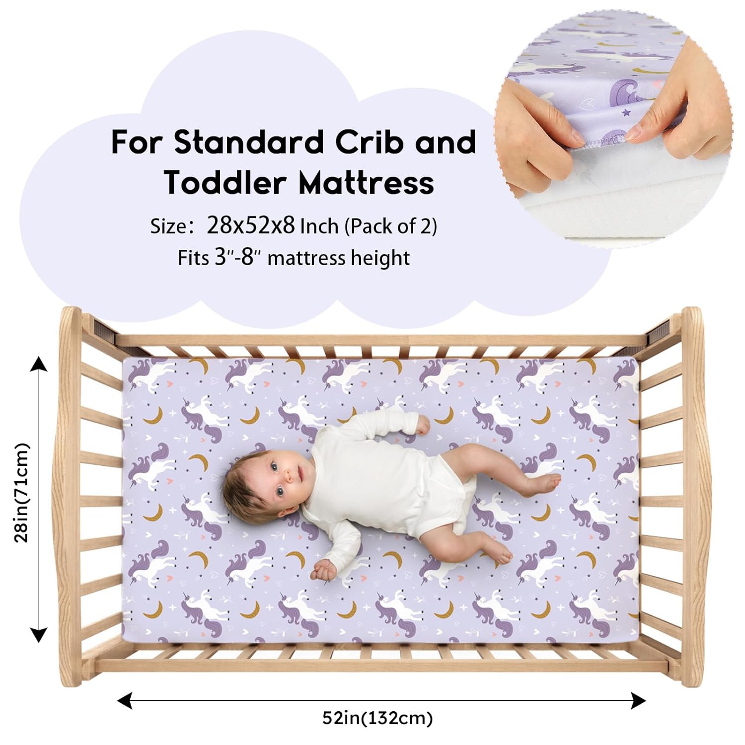 Yoofoss Fitted Baby Crib Sheets - Super Soft Microfiber 2-Pack for Standard Crib & Toddler Mattress | Purple & Unicorn 28x52x8in