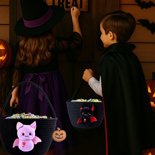 Qinthory Halloween Candy Basket for Kids – Cotton Rope Trick or Treat Bag with Black Cat Design, Reusable Halloween Candy Bucket for Boys and Girls (purple)