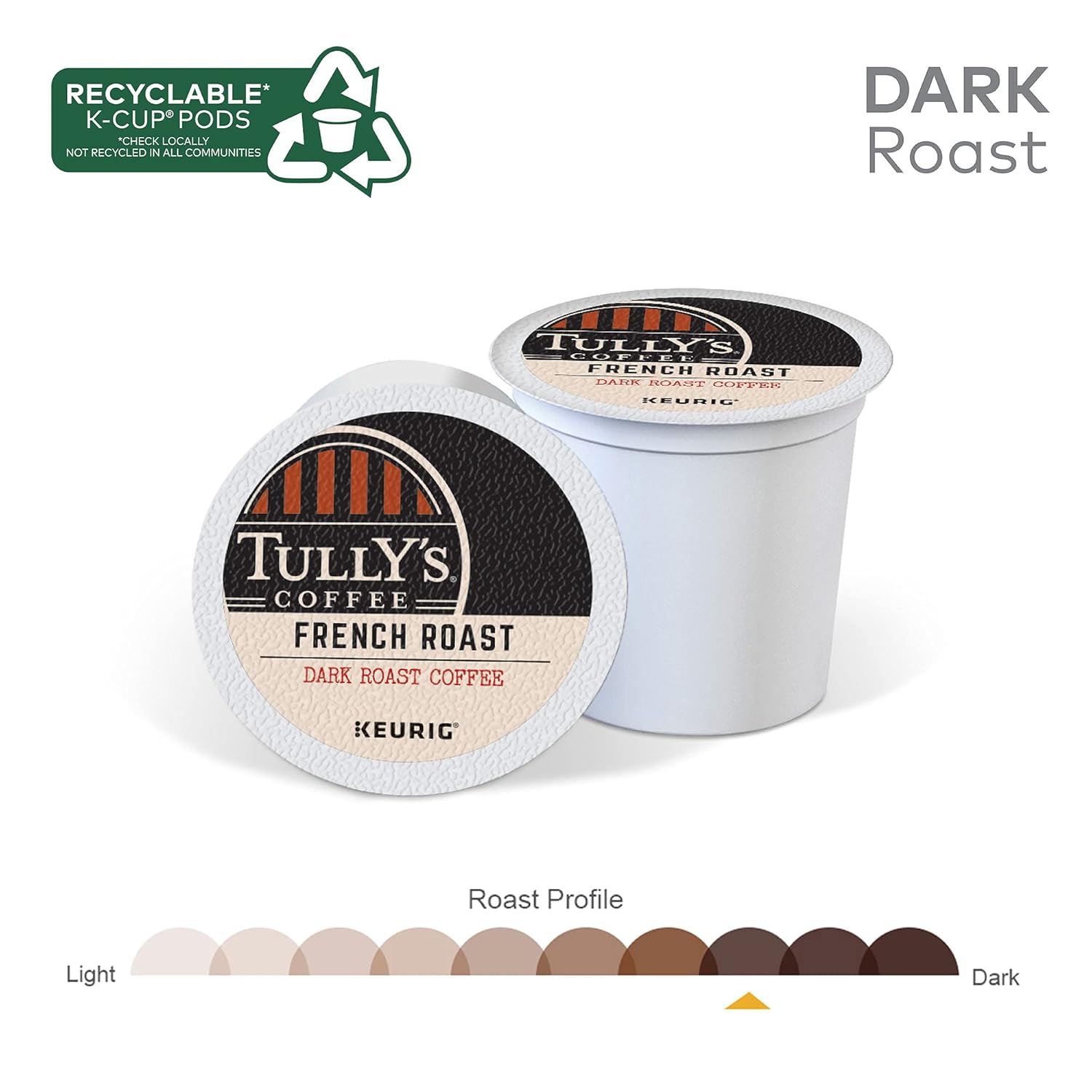 Tully's Coffee French Roast K-Cup Pods - Dark Roast Single Serve Coffee, 60 Count (6 Packs of 10)