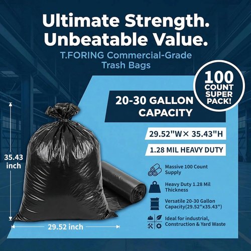 Heavy Duty 20-30 Gallon Trash Bags by [Brand Name] - 1.28 Mil Thick, 30" x 35", 100 Count, Unscented