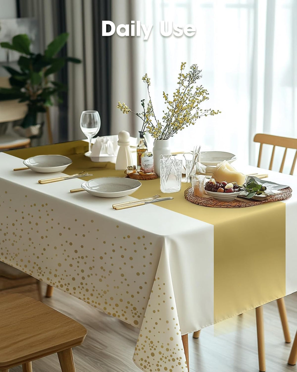 Pureegg Disposable Plastic Tablecloths - 8 Pack, 54 x 108 Inch, Leakproof & Sturdy, White Gold