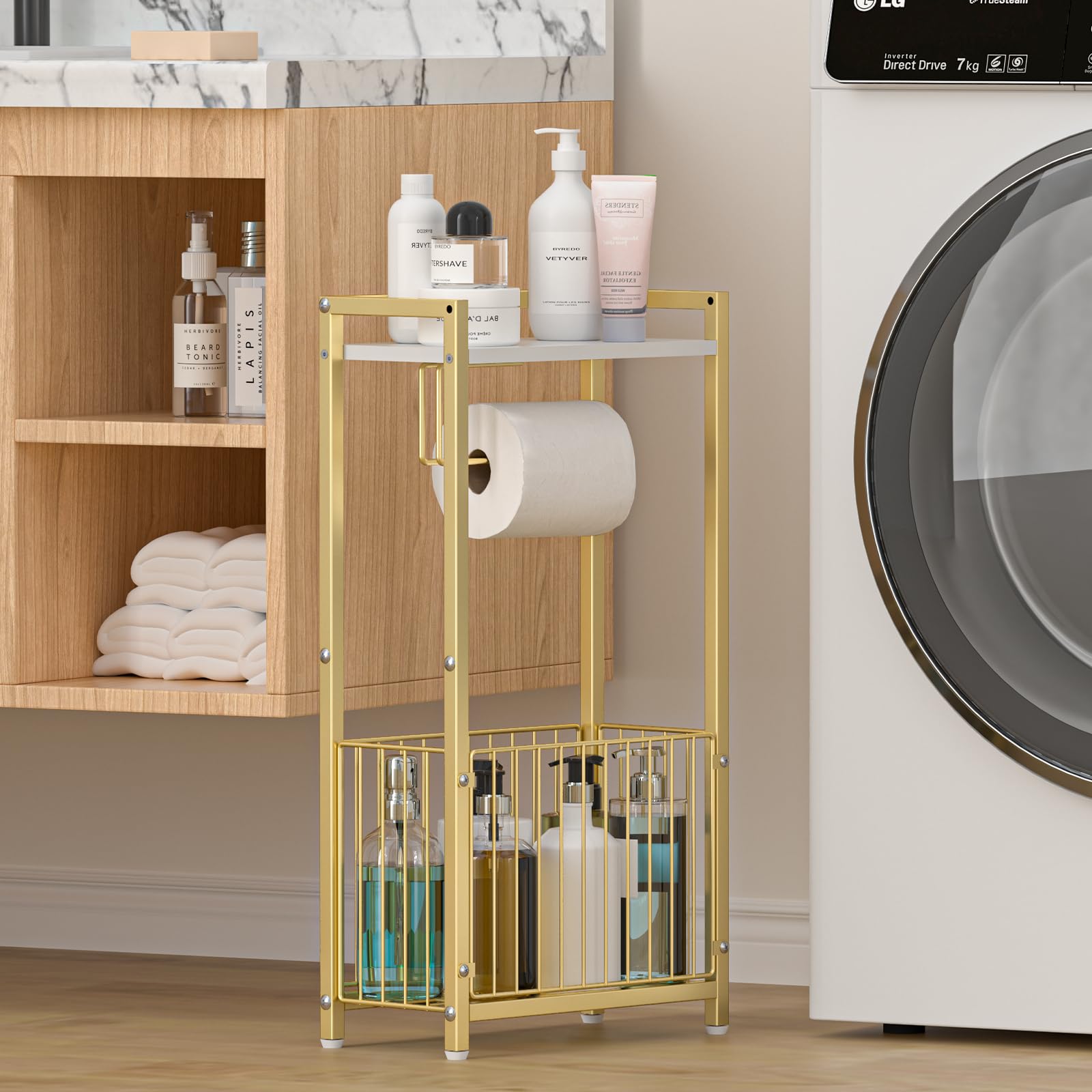 Toilet Paper Holder with Storage Shelf - Freestanding Roll Dispenser for Bathroom, Bathroom Organizer for Tissues and More Gold