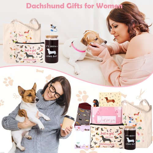 Dachshund Gifts for Women Funny Gifts for Dog Lovers Including Makeup Bag Glass Cup Keychain Socks Notepad Canvas Tote Bag Straw Cap for Birthday Christmas Mothers Day