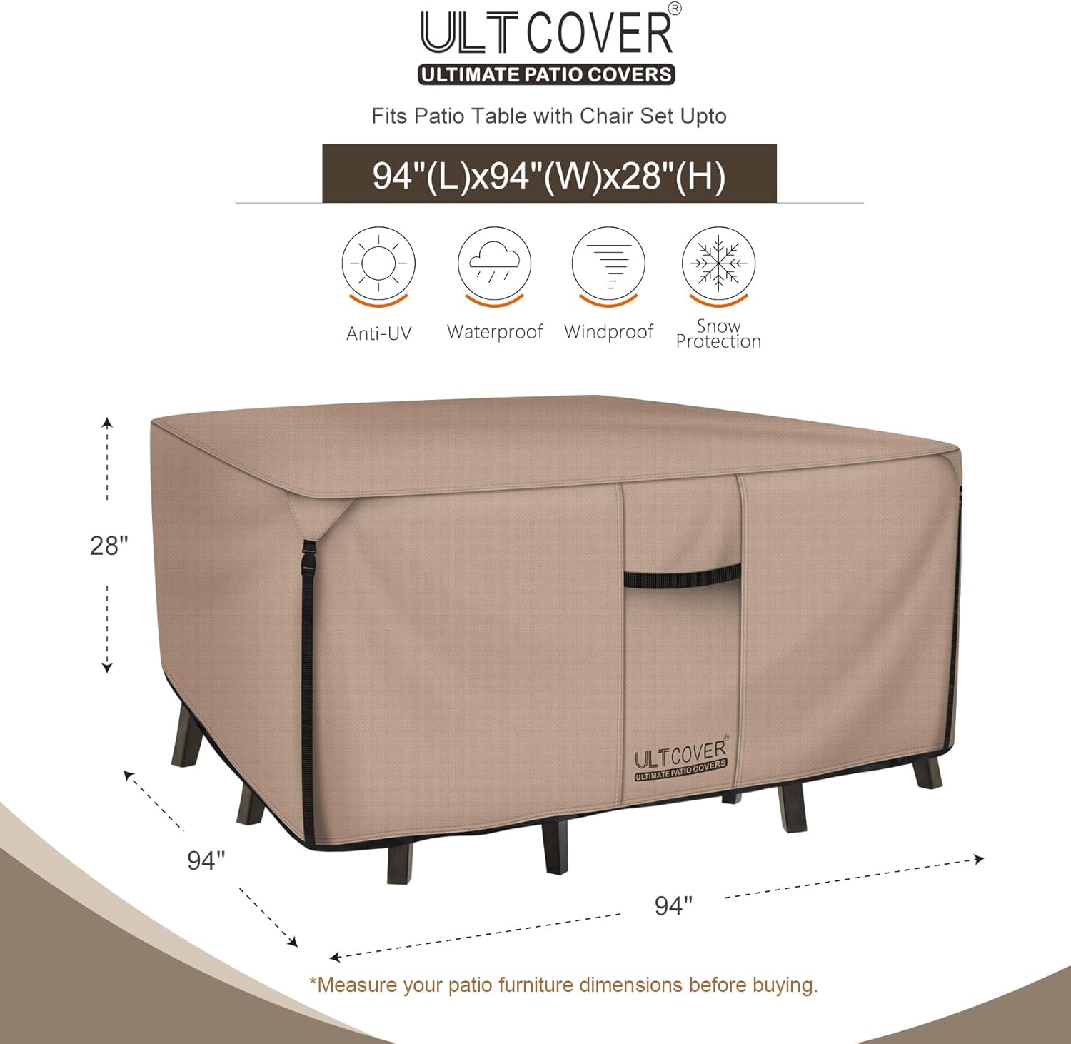 ULTCOVER Square Patio Table Cover - Heavy Duty 600D Waterproof Canvas for Outdoor Furniture | 94 Inch