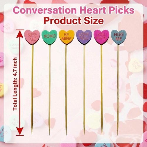 120 Pack Wooden Conversation Heart Cocktail Picks, 4.7 Inch Bamboo Appetizer Skewers for Valentine's Day Party Supplies, Charcuterie Boards, Drinks & Cake Toppers, 6 Pastel Colors