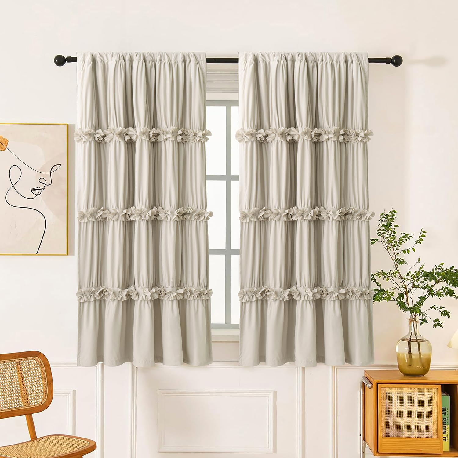 Homechoice Decor Thermal Insulated Blackout Window Curtains, 42" W x 63" L (Pair), Boho Ruched Window Treatments with 3 Rows of Butterfly Flowers, Rustic Rod Pocket Drapes for Room, Camel (LQ-30)