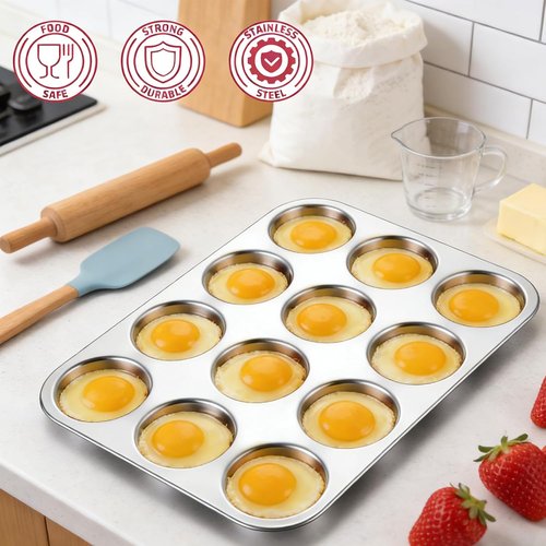 E-far Muffin Top Pan - 12-Cavity Stainless Steel Bakeware for Yorkshire Pudding & More | Non-Toxic & Dishwasher Safe