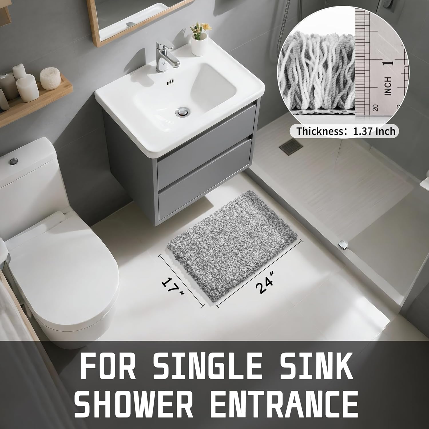 Yimobra Bathroom Rugs - Ultra Soft Non-Slip Washable Bath Mats | Plush Microfiber, 24x17, Light Gray & White