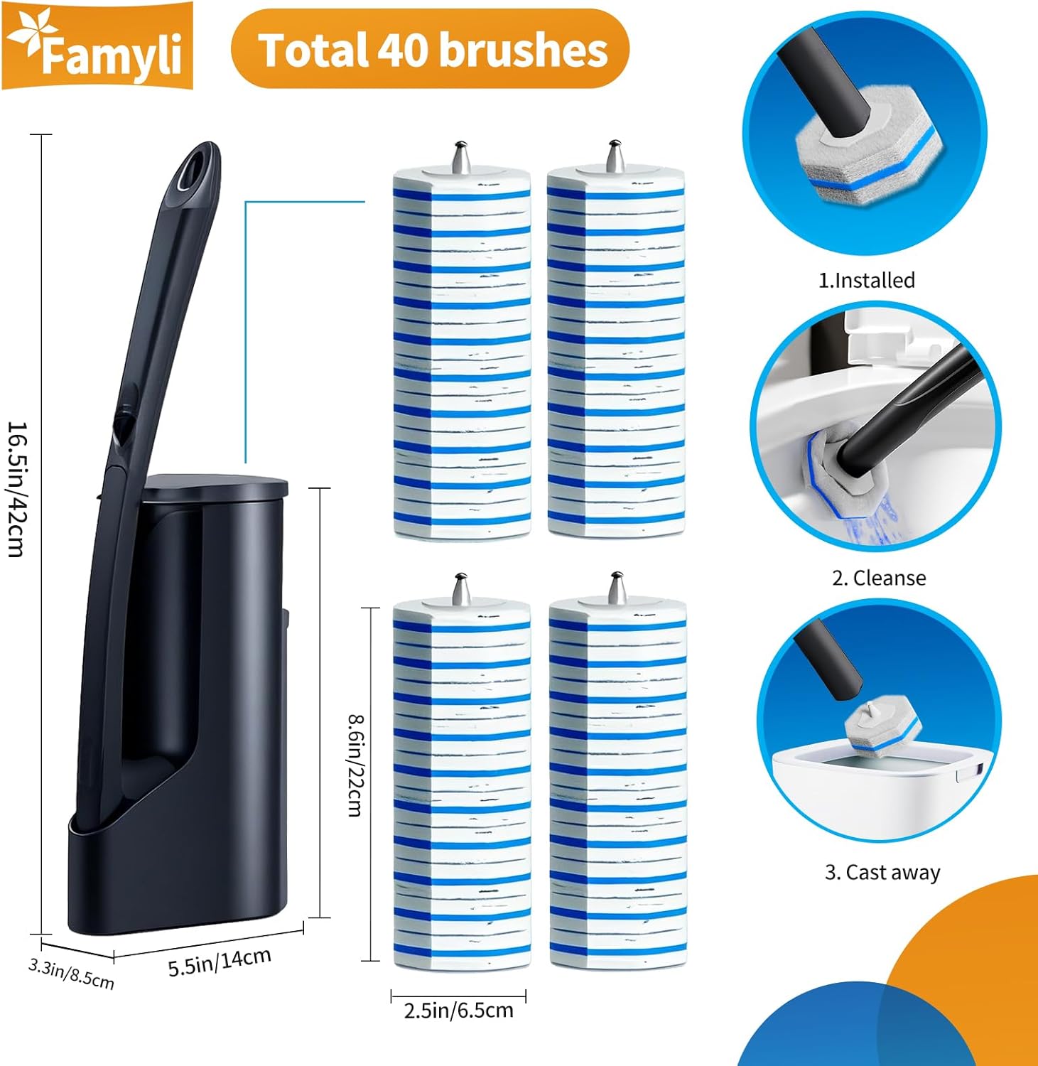 Skiennix Disposable Toilet Brush - Hygienic Toilet Bowl Cleaner with Holder & 40 Refills for Easy Maintenance