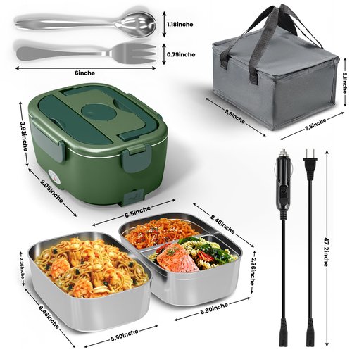 Sitlais Heated Lunch Box for Men&Women - 80W Electric Lunch Box for Adults with Dual 1.5L 304 Stainless Steel Containers Fast Heating Portable Food Warmer for Car&Truck lonchera eléctrica portátil