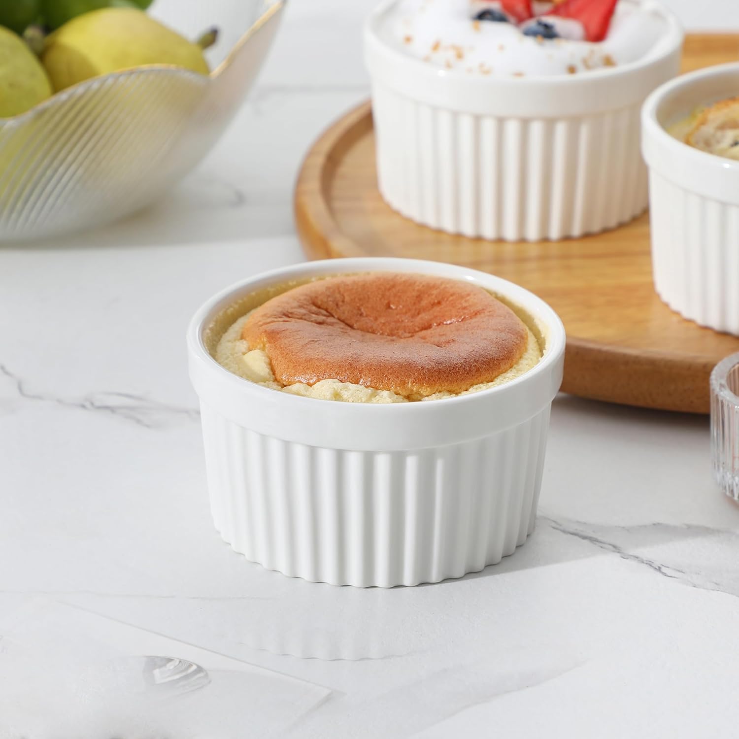 MALACASA Ramekins - 8 oz Oven Safe Porcelain Baking Cups | Set of 6 White Creme Brulee Dishes