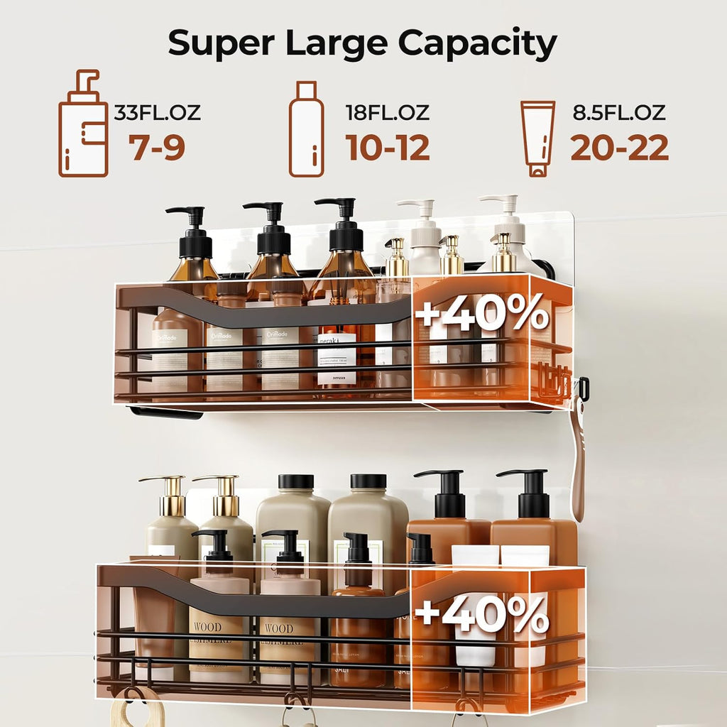 Orimade Shower Caddy Shelf - Rust Resistant Wall-Mounted Organizer with 5 Hooks | 2 Pack, Black