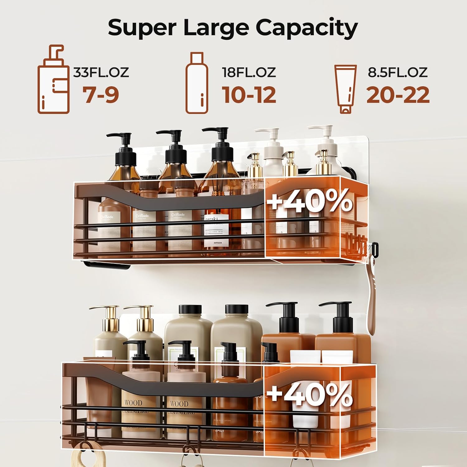 Orimade Shower Caddy Shelf - Rust Resistant Wall-Mounted Organizer with 5 Hooks | 2 Pack, Black