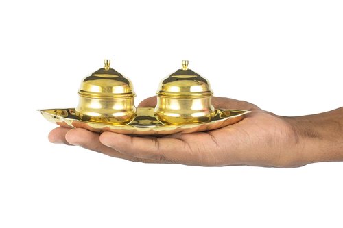 Spillbox Traditional Handcrafted Brass Thali Haldi kumkum Chandhan Holder Stand Plate with Lid |Roli|Chawal |Kumkum Box|Sindoor | Turmeric|Puja Worship- Oval 2 Bowl Small