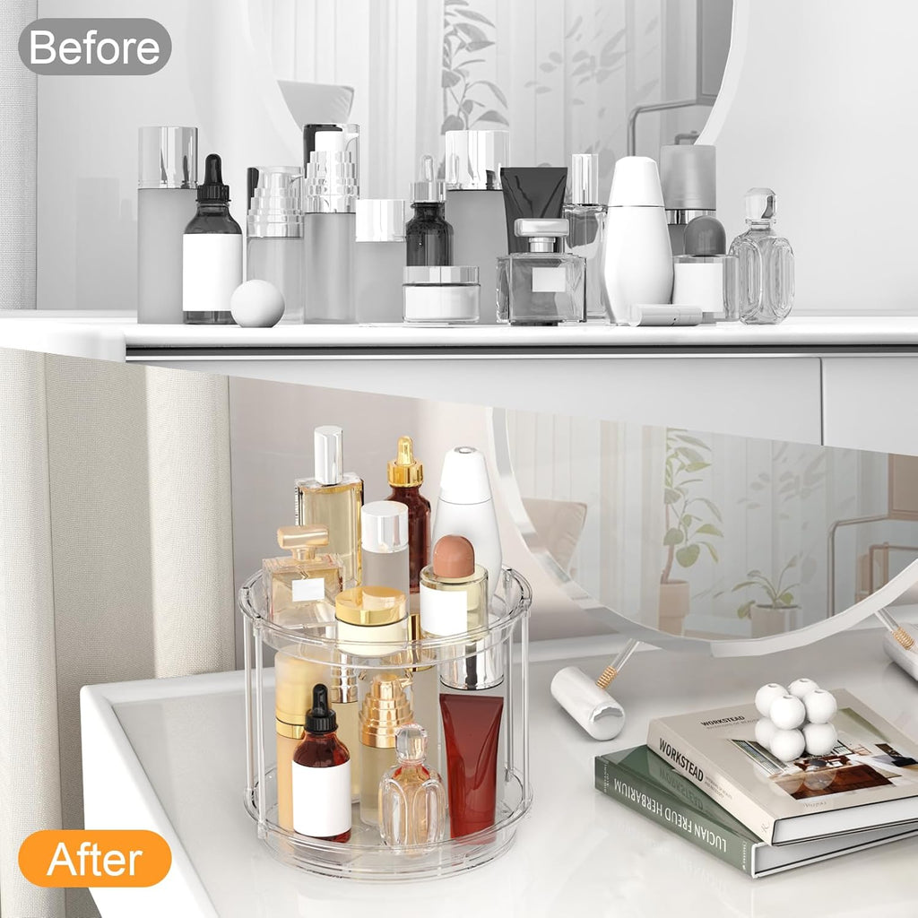 Skiennix 360 Rotating Makeup Organizer - 2-Tier Clear Vanity Turntable for Skincare & Perfume
