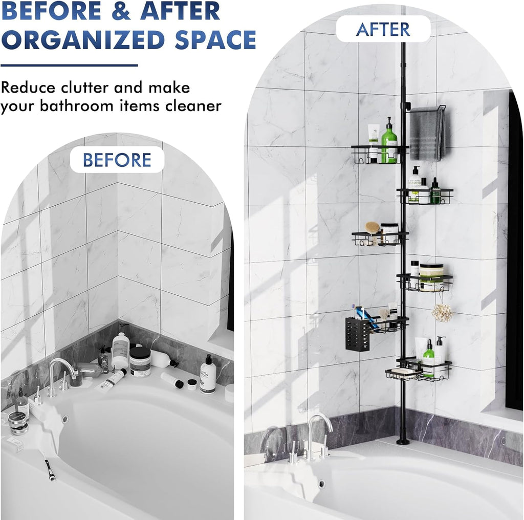 Shower Caddy Organizer - Rustproof Tension Pole with Adjustable 30-120 Inch Rack | 6-Pack Corner Shelf, Towel Bar & Soap Dish in Black