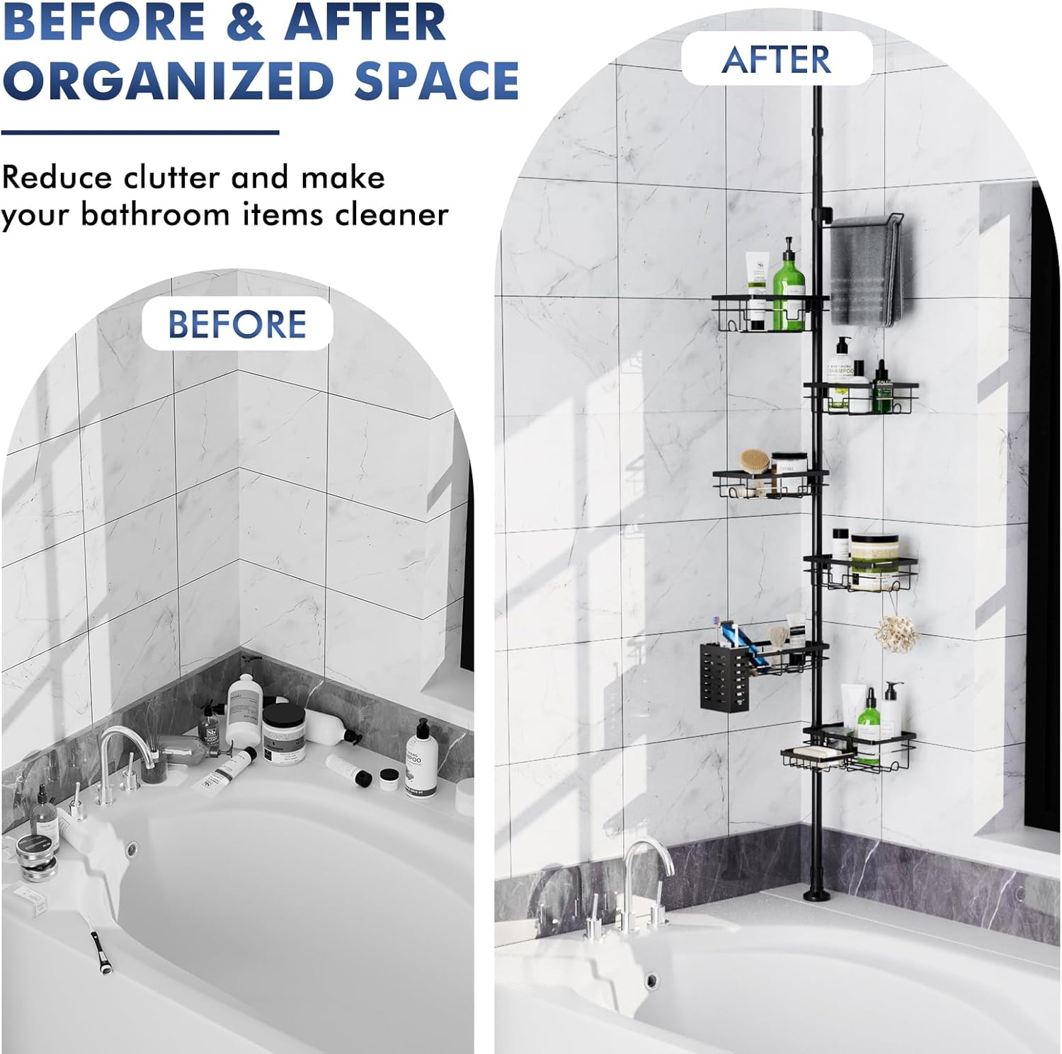 Shower Caddy Organizer - Rustproof Tension Pole with Adjustable 30-120 Inch Rack | 6-Pack Corner Shelf, Towel Bar & Soap Dish in Black