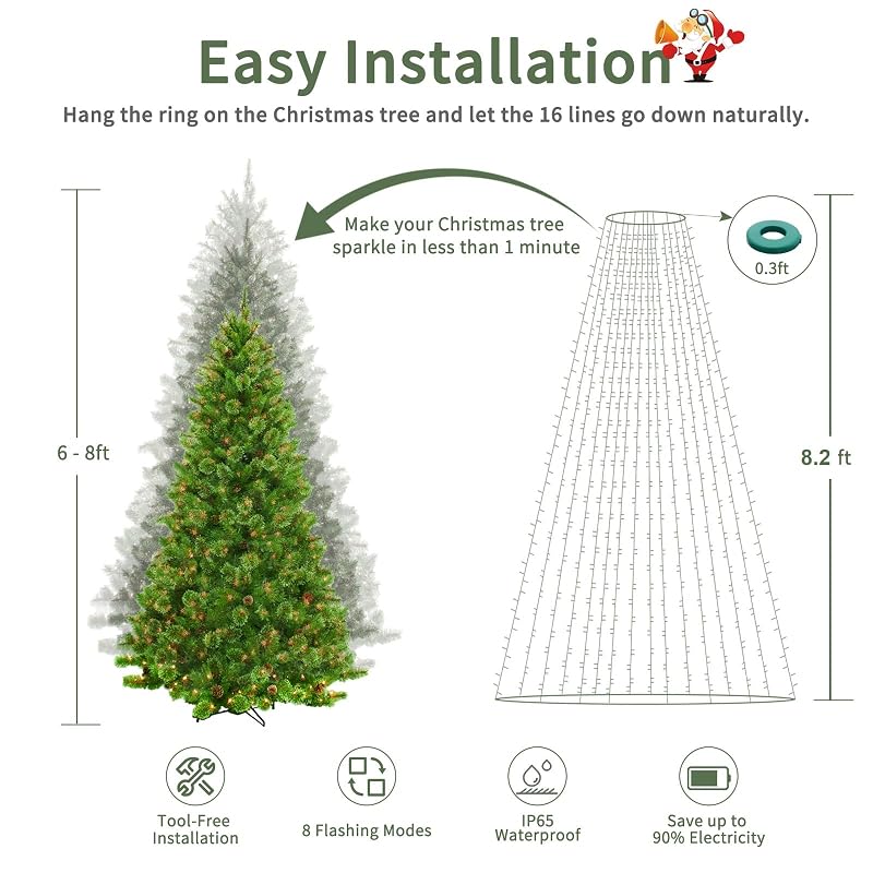 Warm White 8.2ft 16-Stream Cascading Christmas Tree Lights with Ring, 448 LEDs, Dimmable, 8 Modes, IP44 Plug-in