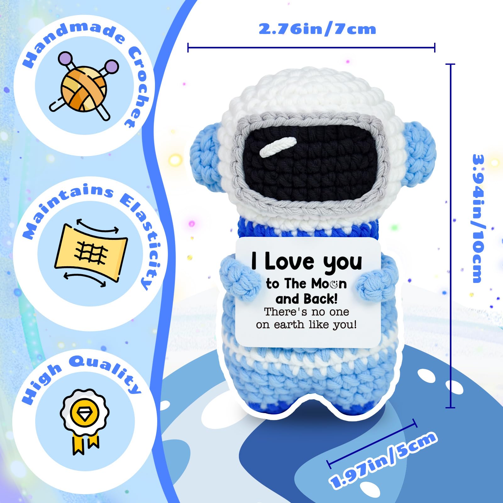 WoollyPearl Gifts for Him Her Boyfriend Girlfriend, Handmade Positive Crochet Astronaut, I Love You Anniversary Mothers Day Birthday Gifts for Women Men Mom Dad Teens Daughter Son
