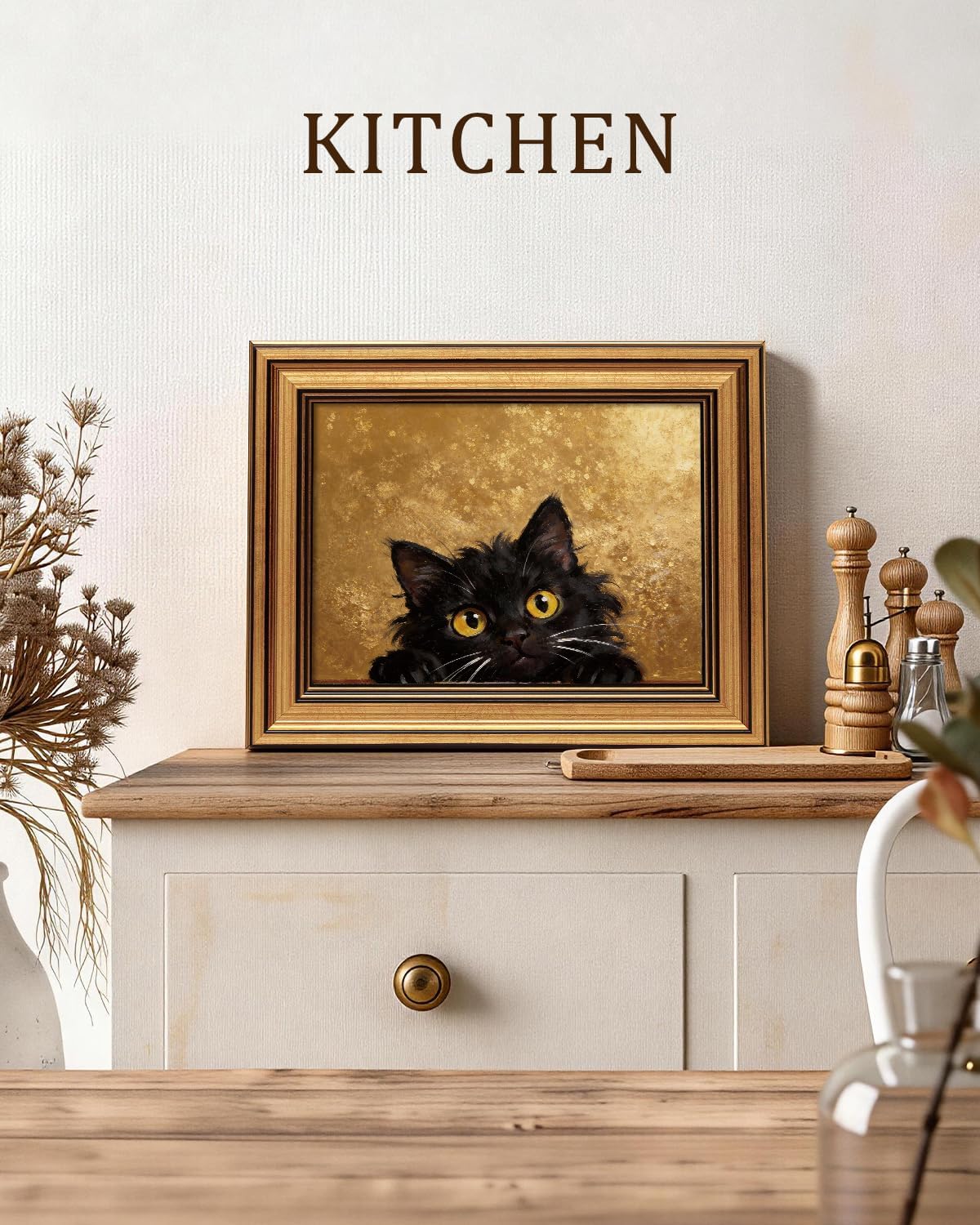 VIYYIEA Vintage Gold Framed Wall Art - Cute Black Cat Oil Painting for Home Décor | 8x10 Inch