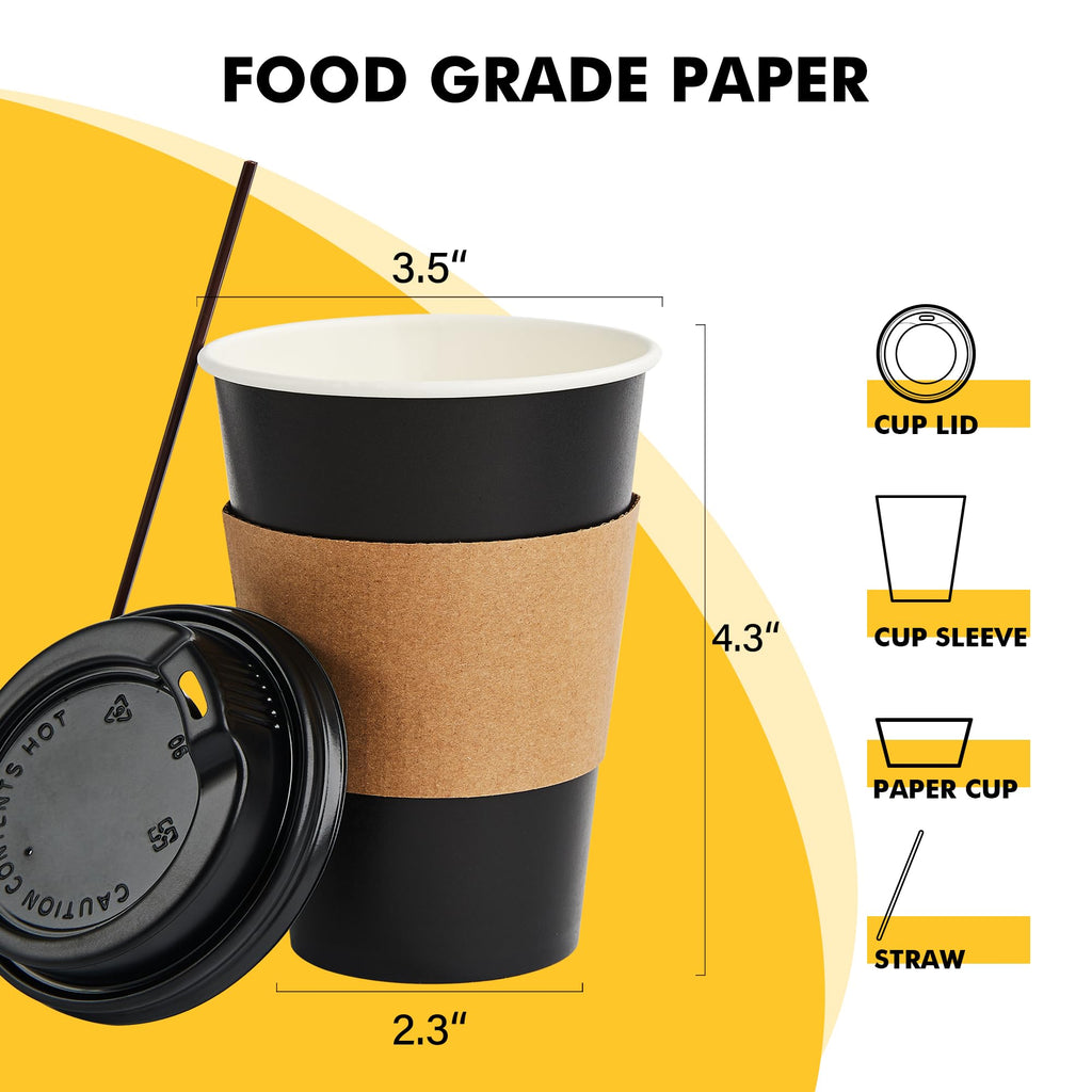 RACETOP 50 Pack 12 oz Coffee Cups with Lids, Black Disposable Coffee Cups with Lids, Sleeves and Stirring Sticks, Hot Paper Coffee Cup 12 oz for Hot Drinks, Parties, Picnic, Travel, and Events