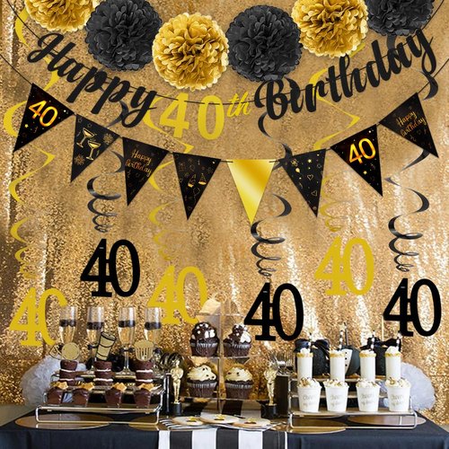 TOBATOBA 40th Birthday Decorations Kit for Men Women, Black Gold Happy 40th Birthday Banner, Triangle Flag Banner 40th Birthday Party Decorations, 40 Year Old Birthday Party Supplies Pre-assembled