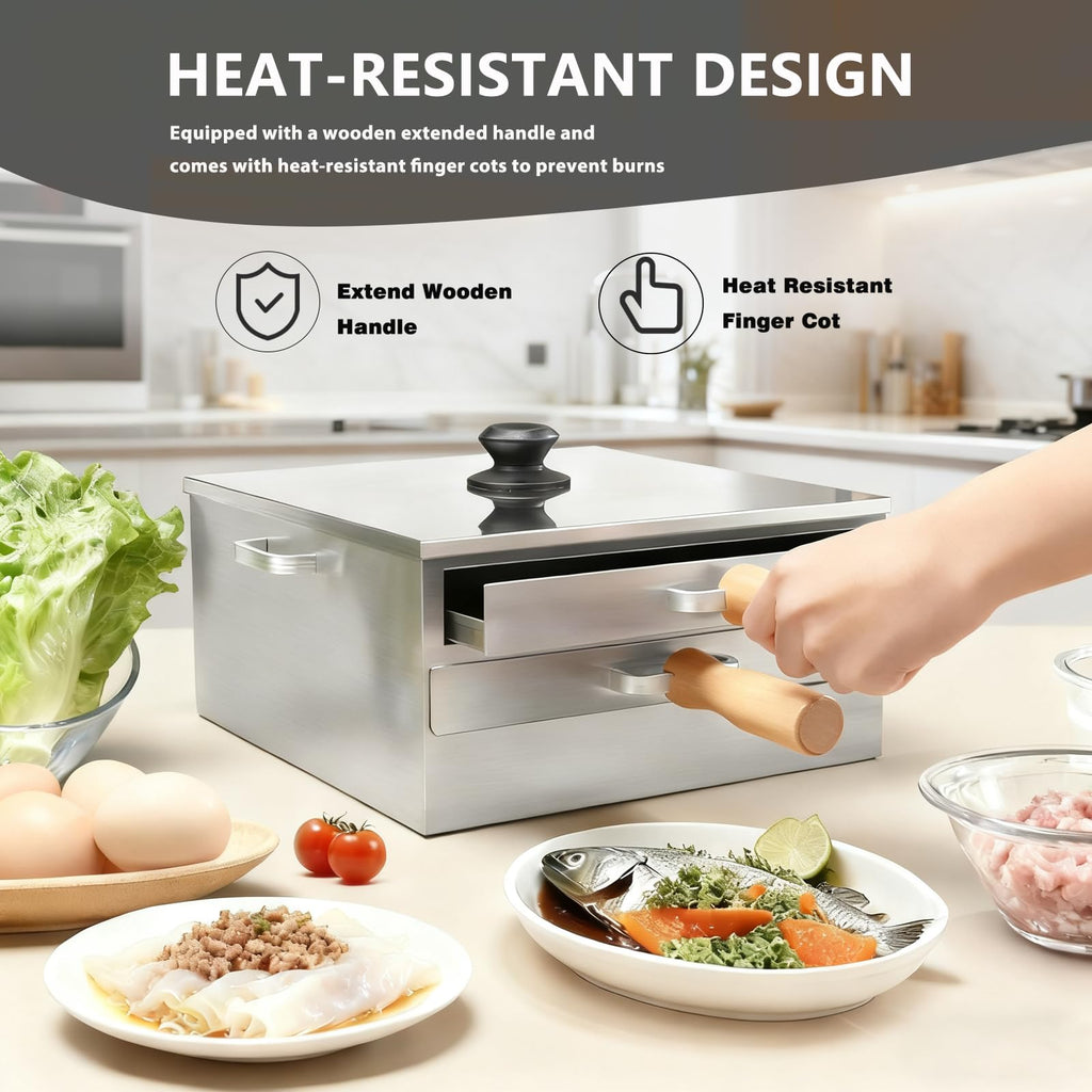 Z-stralink Rice Roll Steamer, Cantonese Stainless Steel 2-Tier Rice Noodles Steamer Machine, Steam Rice Roll Maker with Long Wooden Handle for Commercial and Home Use for Cheung Fun/Dumplings/Dim Sum
