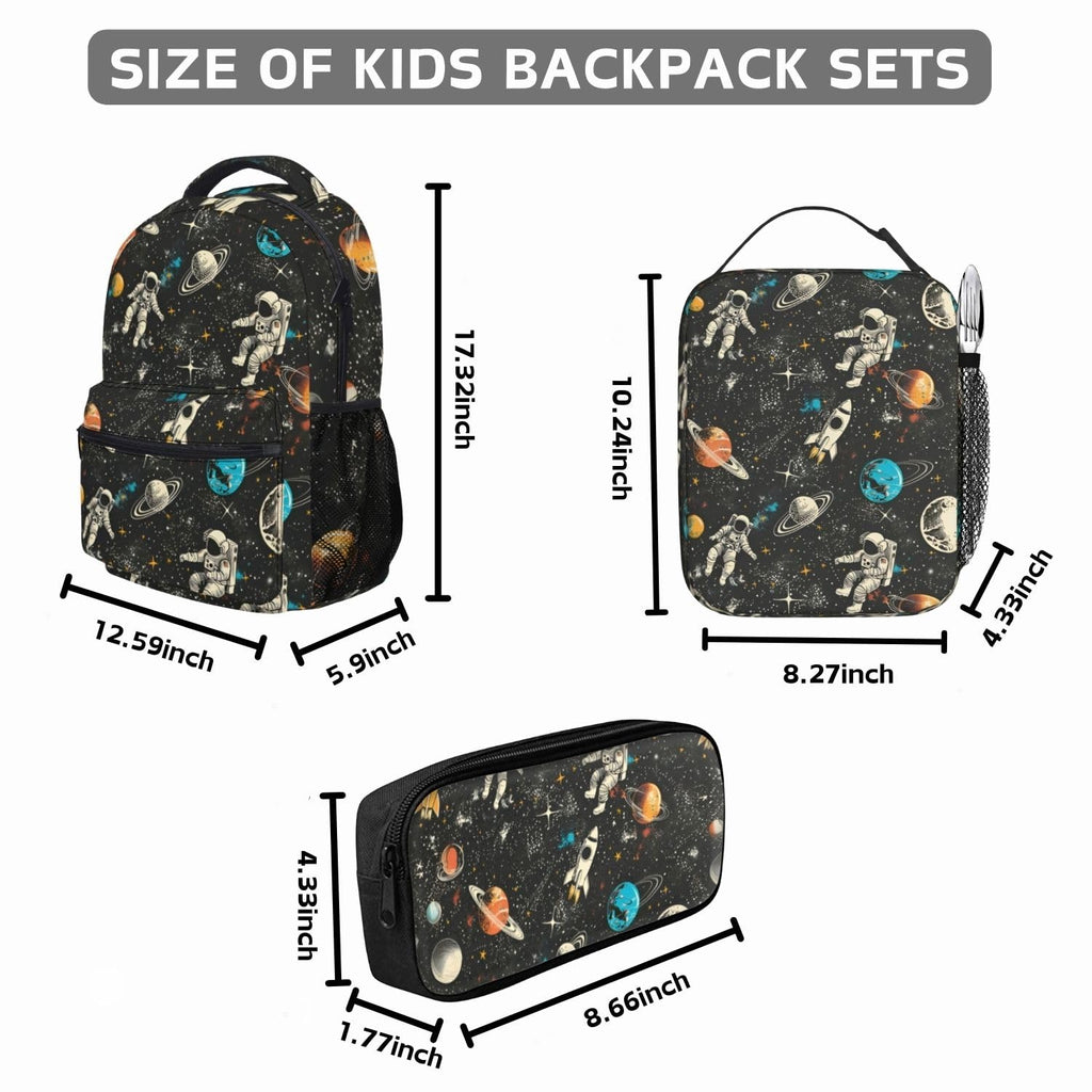 Jollitot Space Backpack for Boys with Insulated Lunch Box Pencil Case (3 Set), 17 Inch Large Lightweight School Bookbag for Elementary Middle School Kids, Waterproof Astronaut Travel Daypack (Black)