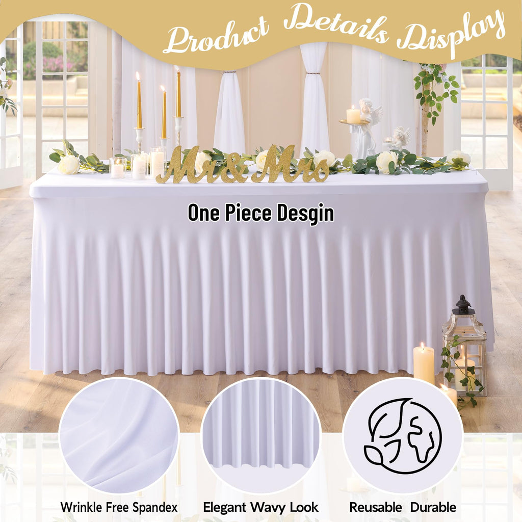 Outpain White Spandex Table Clothes for 8 Foot Rectangle Tables-2Pack 8FT Spandex Fitted Table Cover, Wrinkle Free Tablecloths with Skirt for Parties, Wedding, Birthday, Banquet, Festival