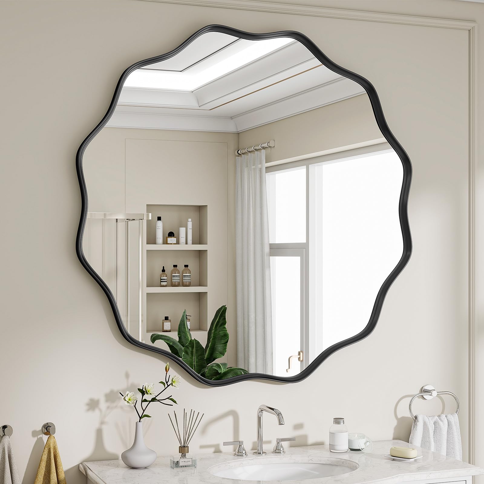 VETROVUE Round Wavy Mirror, 30 Inch Metal Frame Circle Mirror, Round Wall Mounted for Entryway, Bathroom, Vanity, Living Room, Black
