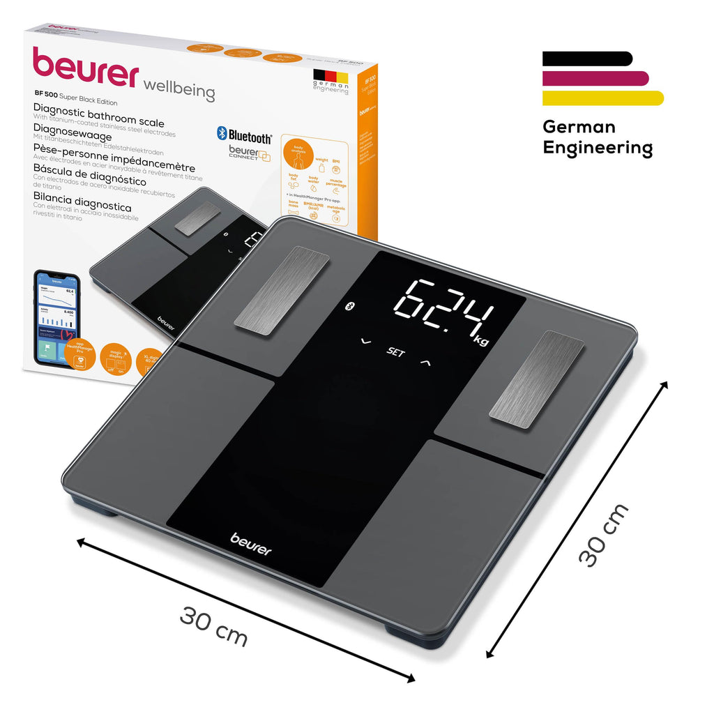 Beurer BF500 Smart Body Analysis Scale with Bluetooth & App, Accurate Digital Diagnostic Scale Measures Body Fat, Muscle Mass, Caloric Needs, 396 lbs, XL Display