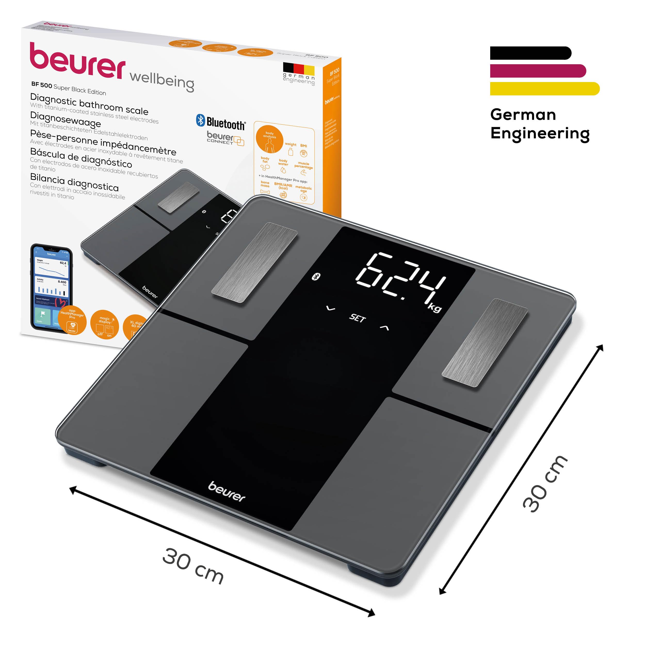 Beurer BF500 Smart Body Analysis Scale with Bluetooth & App, Accurate Digital Diagnostic Scale Measures Body Fat, Muscle Mass, Caloric Needs, 396 lbs, XL Display