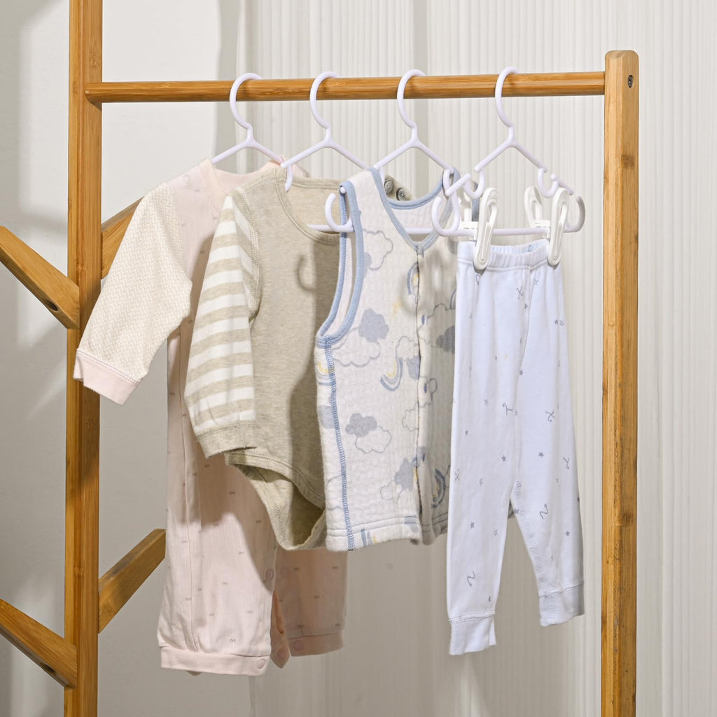 Nursery Baby Hangers with Clips, 20 Newborn Kids Plastic Clothes Hangers for Toddler Pants – with 40 Clips for Children's Clothes Packs(White,60 Packs) (60, White)