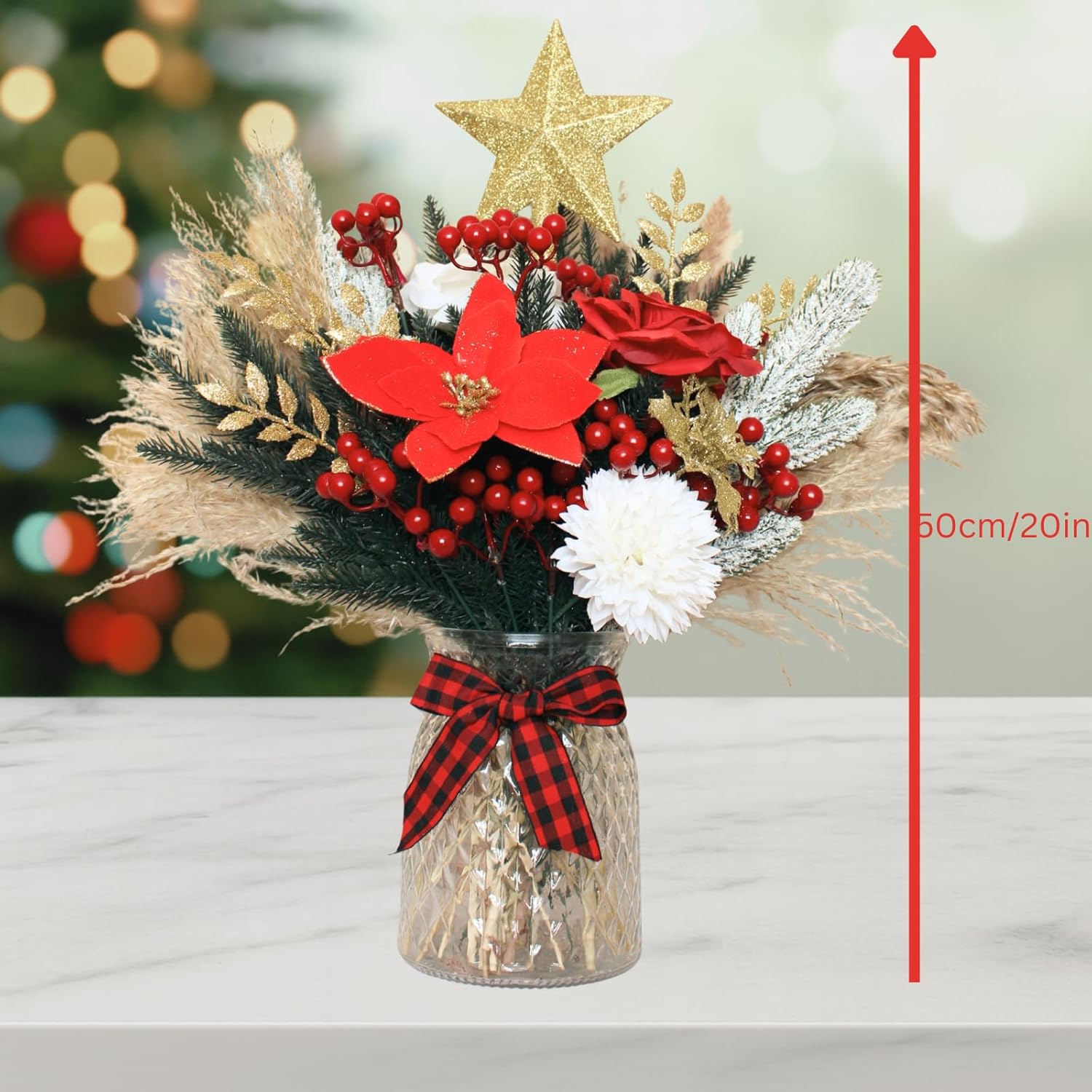 RyddeligHome Christmas Centerpieces - 100pcs Holiday Floral Arrangements in Vase | Red Poinsettia & Pine