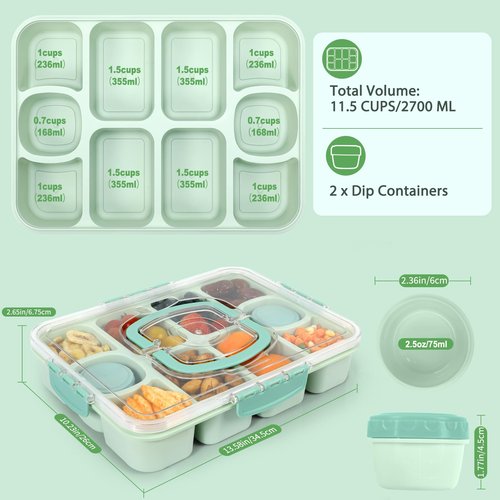 Caperci 2 Pack Snackle Box Container - Portable 10 Compartment Divided Snack Serving Tray with Lid & Handle, Built-in 4 Leak-Proof Sauce Containers, Dishwasher Safe, BPA-Free(Mint Green)