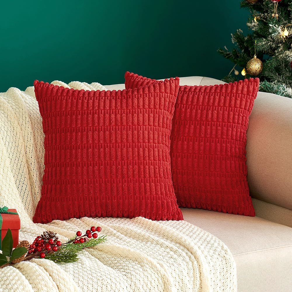 MIULEE Red Corduroy Decorative Pillow Covers - Soft Boho Striped 16x16 Inch for Modern Farmhouse Decor