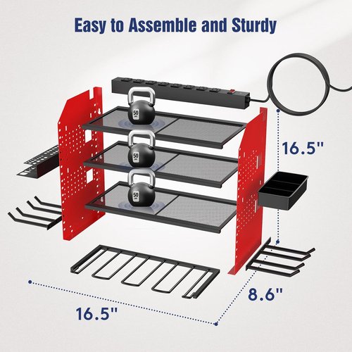 Heavy Duty Power Tool Organizer by [Brand Name] - Wall Mount with Charging Station & Adjustable Shelves | Holds 4 Drills, 2 Hooks