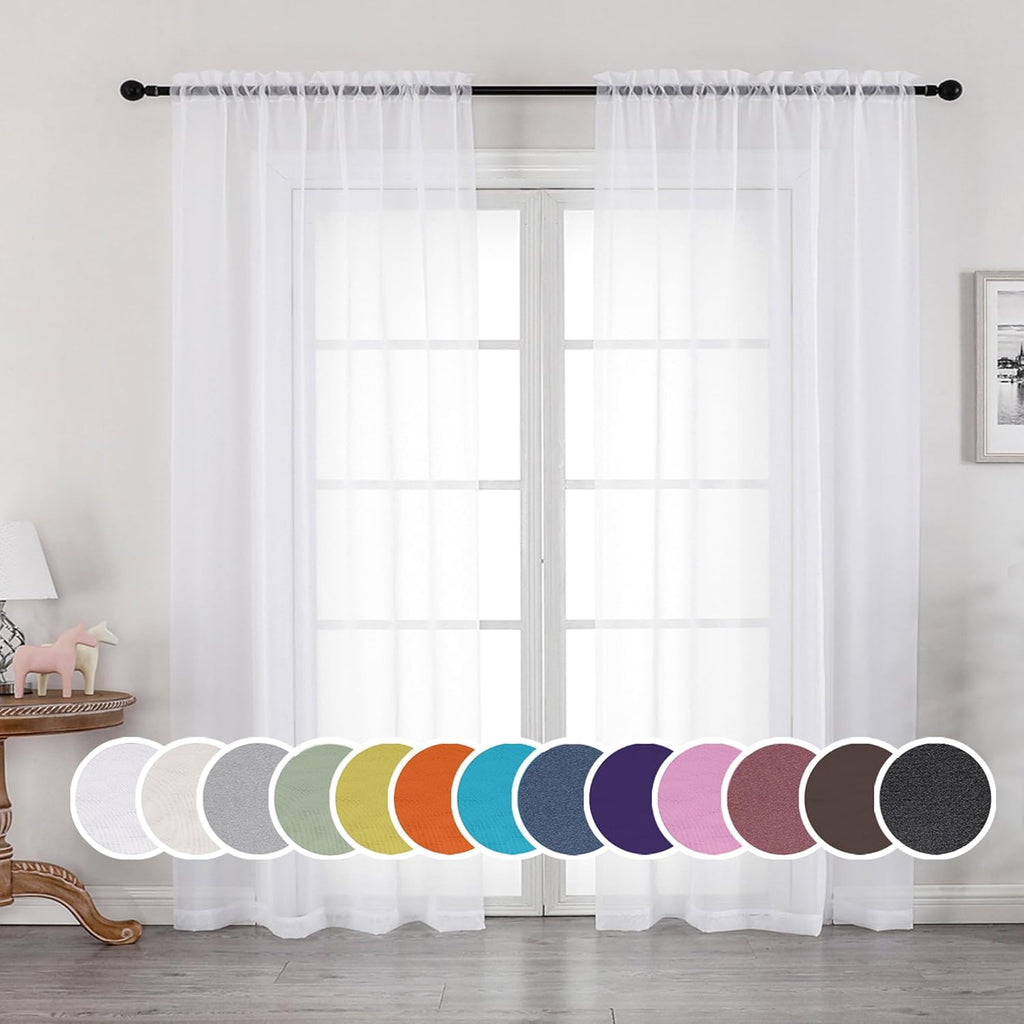 OWENIE Sheer Curtains - 84-Inch Long Rod Pocket Voile Drapes for Living Room/Bedroom | White, 2 Panels