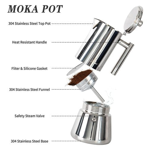 LAOION Stovetop Espresso Maker, 4Cup 6.8 oz Moka Pot, Stainless Steel Cuban and Italian Coffee Maker for Cafetera Cubana, Greca De Cafe Induction Stovetop Compatible, Coffee Gift for Home Travel