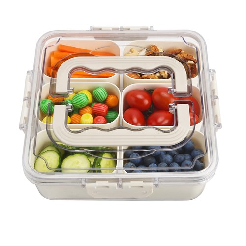 SMALL Divided Serving Tray with Lid and Handle, Portable Snack Box Container, 6 Compartments Veggie Fruit Snackle Tray,Charcuterie Box Container for Party, Travel, Entertaining,Picnic, SMALL SIZE