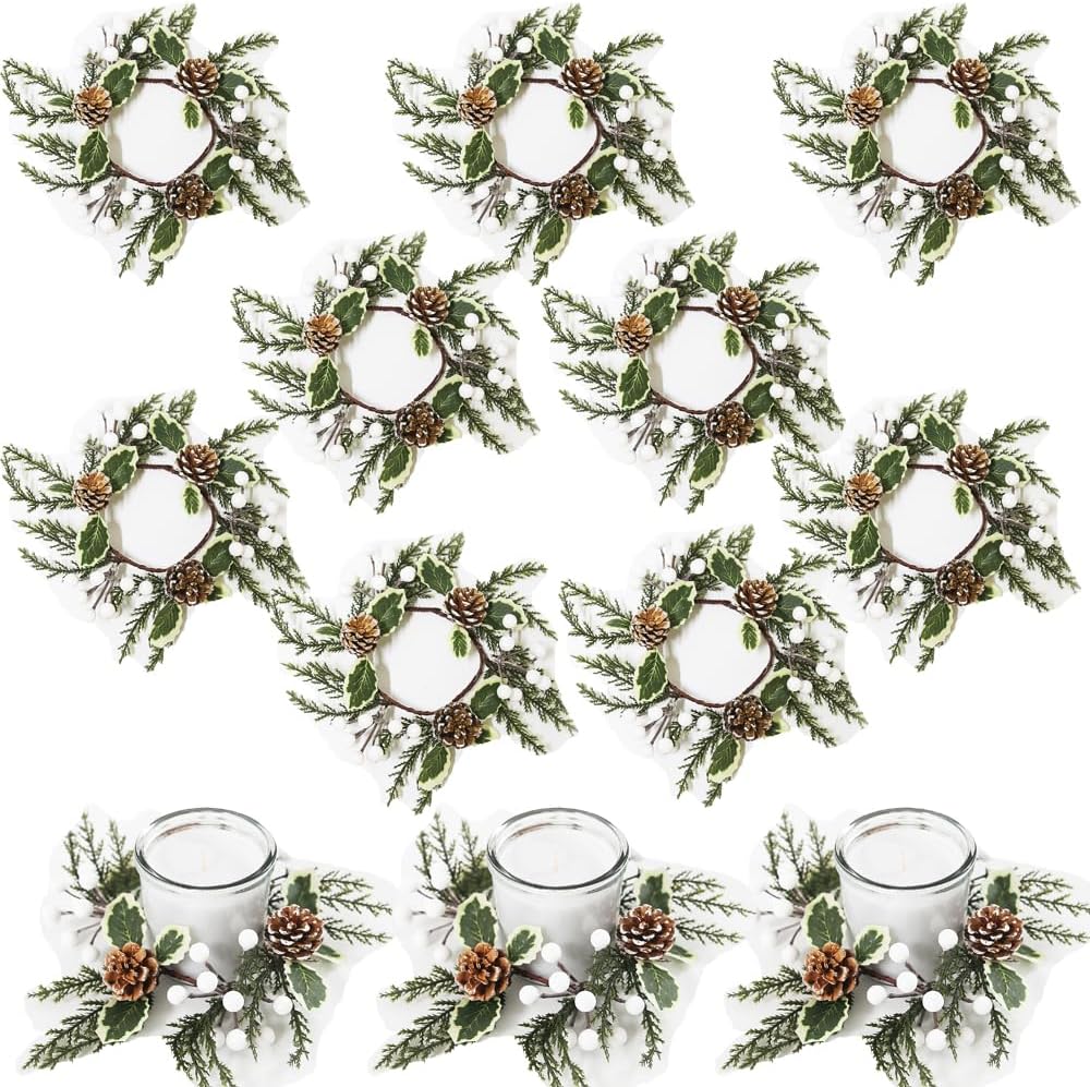 Regine Switzerland Christmas Greenery Candle Rings - 12 Pack with White Berries & Pine Cones | Festive Table Decor