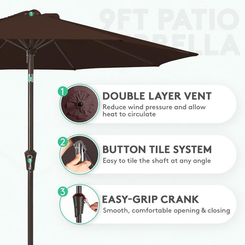 JEAREY 9FT Outdoor Patio Umbrella - Push Button Tilt & Crank | UV Protection, Waterproof, Brown
