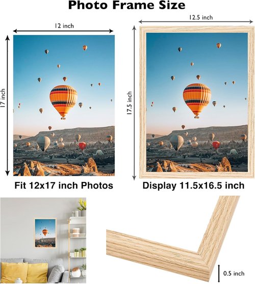 JCJMY 12x17 Picture Frame - Versatile Wall Mounting for Horizontal or Vertical Display | Shatter-Resistant Plexiglass, Natural Finish