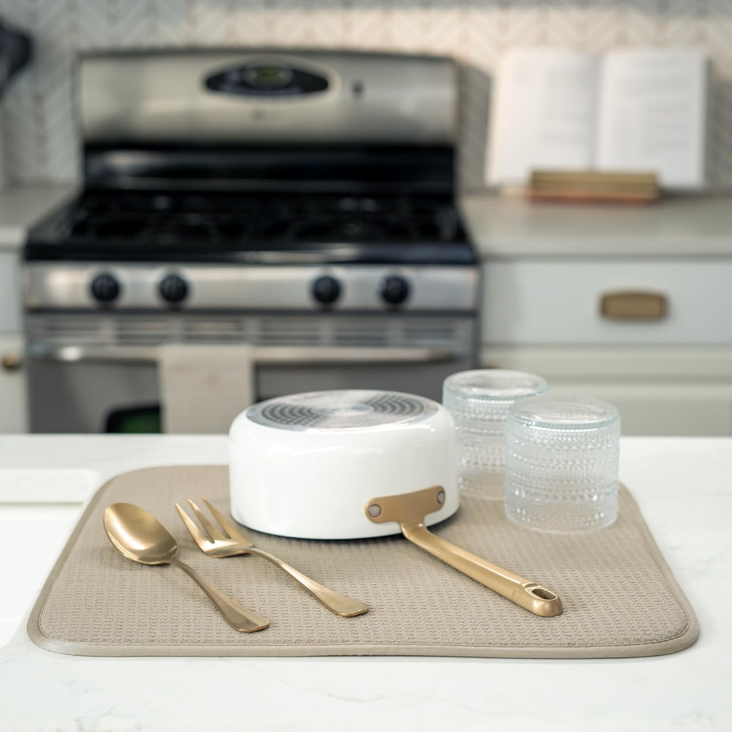 S&T INC. Dish Drying Mat - Absorbent Microfiber Kitchen Counter Pad, 16” x 18”, Large, Pure Cashmere